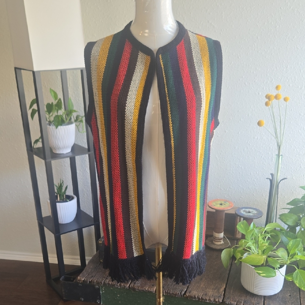 Colorful Striped Knit Vest with Fringe